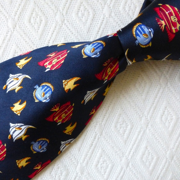 DUNHILL NAVY BLUE GOLD RED ANGEL FISH SILK TIE